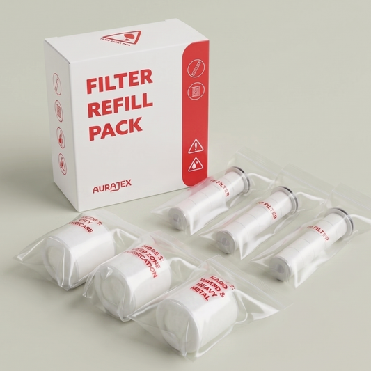 Aurajex Filter Refill Pack box with individually wrapped City Skincare, Hard Water & Heavy Metal, and Deep Zone Purification cartridges