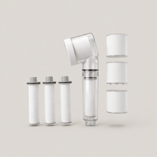 Aurajex Triple Defense Starter Set — shower filter head with three swappable cartridges and refill pack